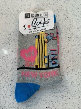 Robin Ruth Gray Crew Socks with Pink & Blue New York Graphic